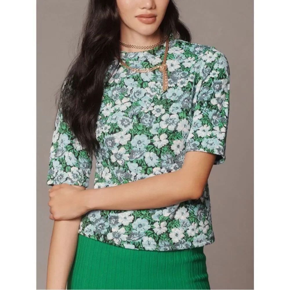 Maeve Short-Sleeve Mock-Neck Jacquard Top